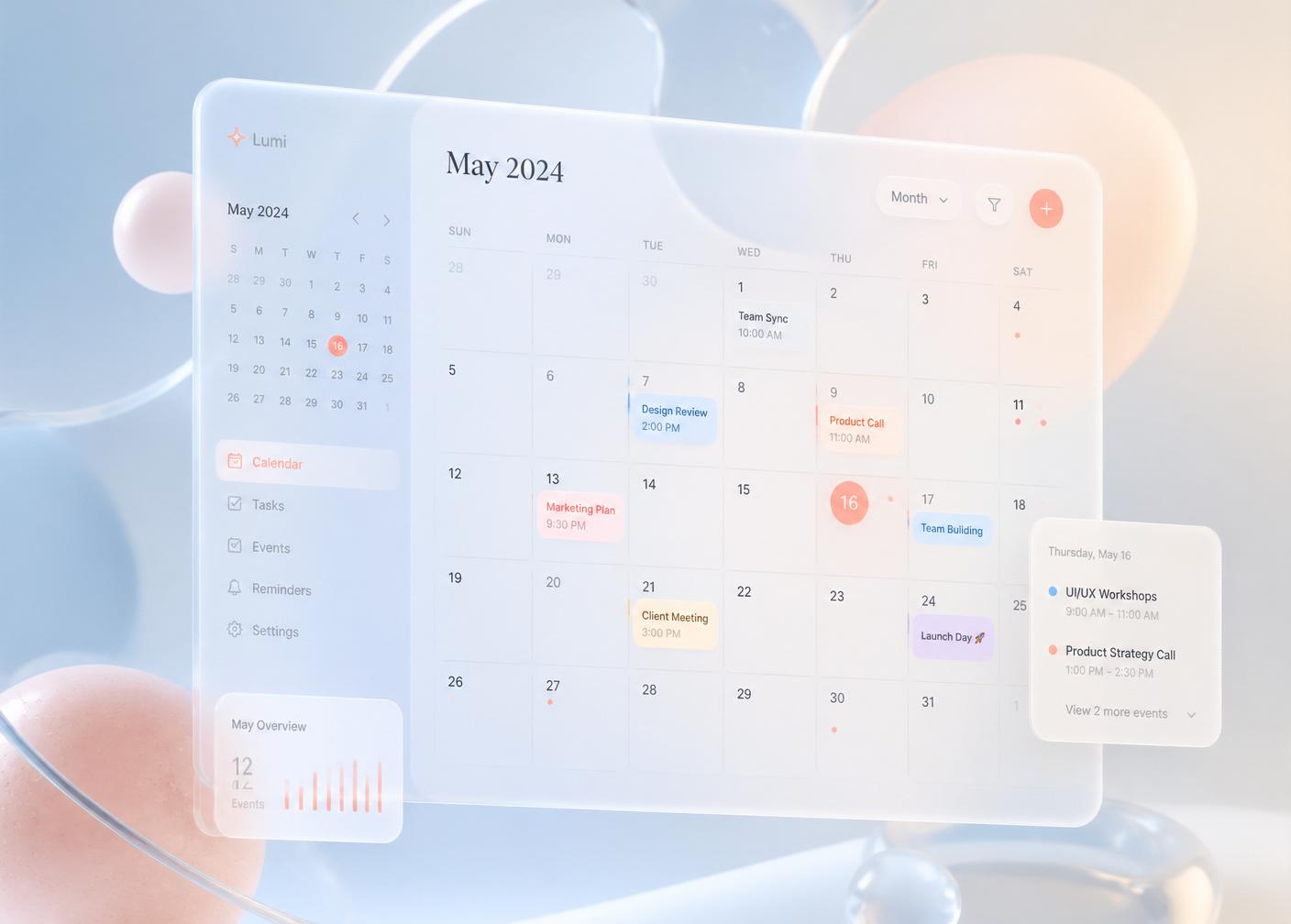 Laterr calendar interface floating in space