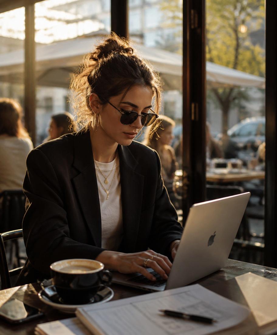 A creator working from a sunlit café