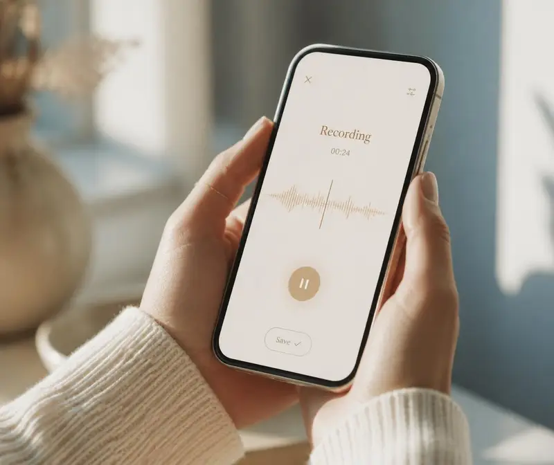 A hand holding a phone showing Laterr's voice capture screen