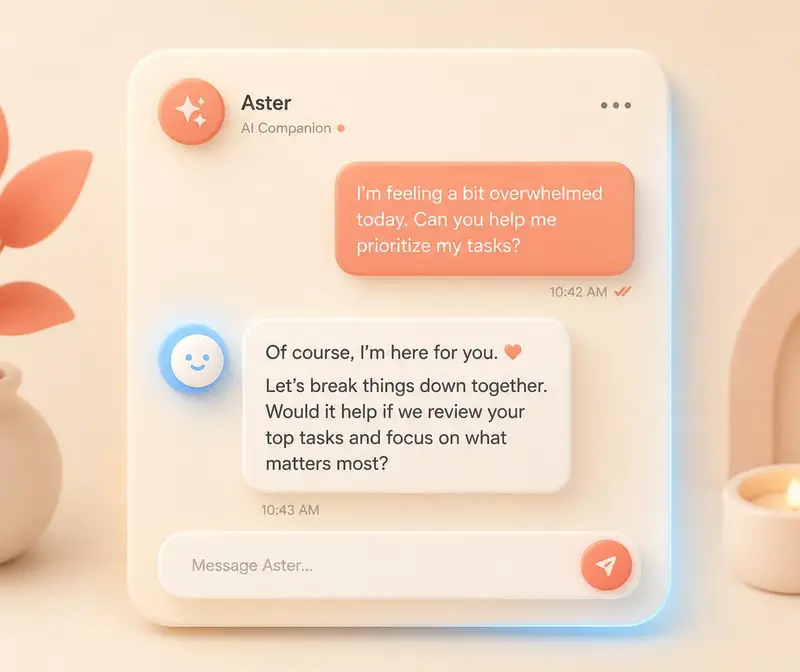 An AI companion chat bubble asking a warm follow-up question