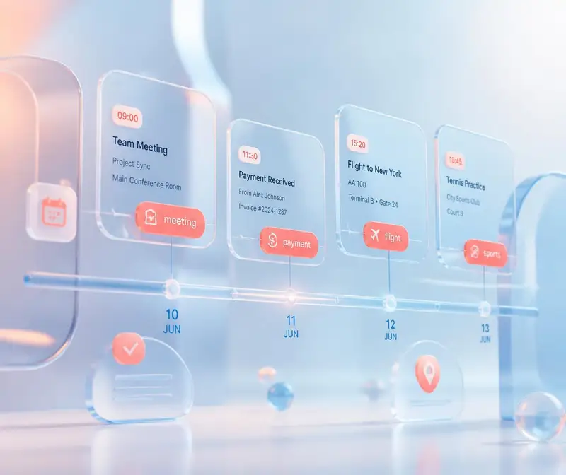 Floating glass cards showing meeting, payment, flight and sports entries