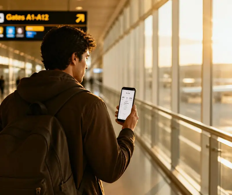 A traveler in an airport checking a trip itinerary on their phone